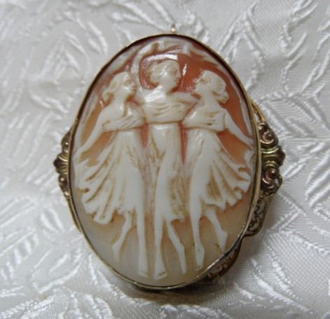 Elegant Filagree Shell Carved 3 Graces 12K Cameo Brooch~Pendant Elegant Filagree Shell Carved 3 Graces 12K Cameo Brooch~Pendant