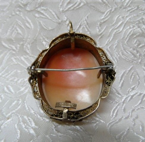 Elegant Filagree Shell Carved 3 Graces 12K Cameo Brooch~Pendant Elegant Filagree Shell Carved 3 Graces 12K Cameo Brooch~Pendant