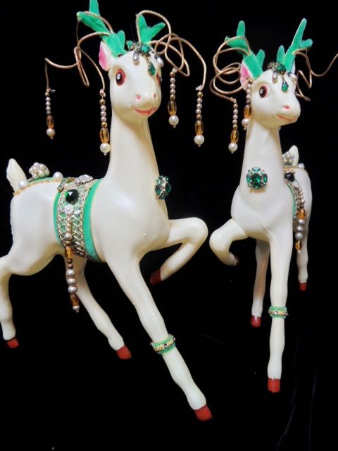 2 Vintage 13" Large 1950's Plastic Reindeer Uniquely Decorated with Vintage Jewelry 2 Vintage 13" Large 1950's Plastic Reindeer Uniquely Decorated with Vintage Jewelry