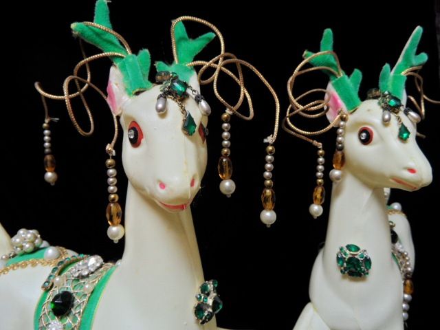 2 Vintage 13" Large 1950's Plastic Reindeer Uniquely Decorated with Vintage Jewelry 2 Vintage 13" Large 1950's Plastic Reindeer Uniquely Decorated with Vintage Jewelry