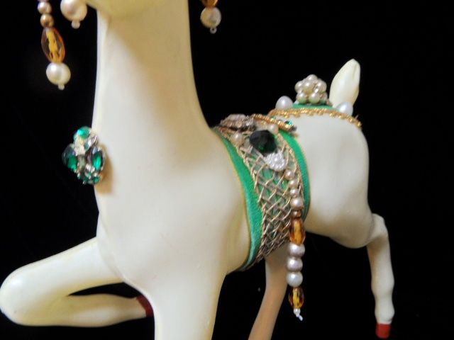 2 Vintage 13" Large 1950's Plastic Reindeer Uniquely Decorated with Vintage Jewelry 2 Vintage 13" Large 1950's Plastic Reindeer Uniquely Decorated with Vintage Jewelry