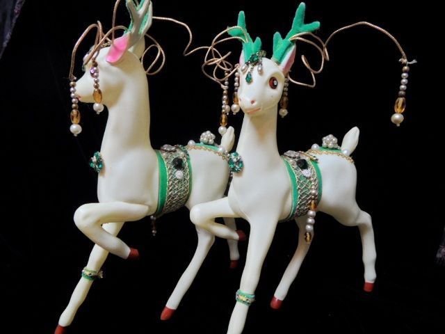 2 Vintage 13" Large 1950's Plastic Reindeer Uniquely Decorated with Vintage Jewelry 2 Vintage 13" Large 1950's Plastic Reindeer Uniquely Decorated with Vintage Jewelry
