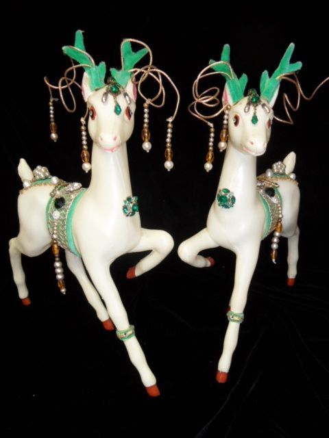 2 Vintage 13" Large 1950's Plastic Reindeer Uniquely Decorated with Vintage Jewelry 2 Vintage 13" Large 1950's Plastic Reindeer Uniquely Decorated with Vintage Jewelry