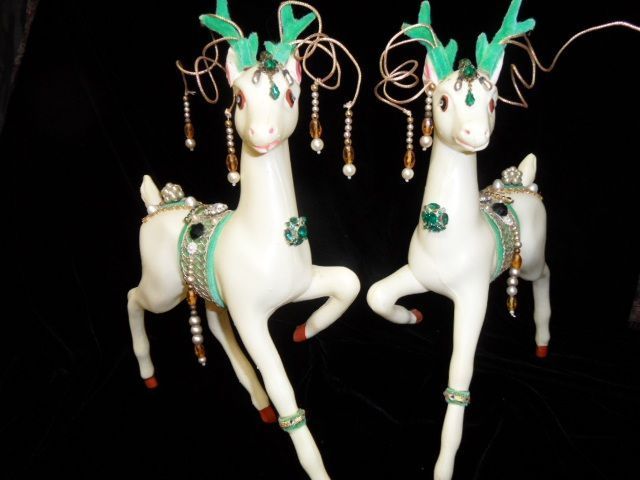 2 Vintage 13" Large 1950's Plastic Reindeer Uniquely Decorated with Vintage Jewelry 2 Vintage 13" Large 1950's Plastic Reindeer Uniquely Decorated with Vintage Jewelry