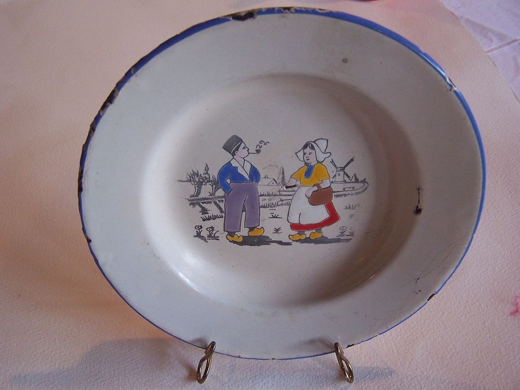 Children's Vintage Enamel/Granite Ware Dutch Scene Plate~Germany Children's Vintage Enamel/Granite Ware Dutch Scene Plate~Germany