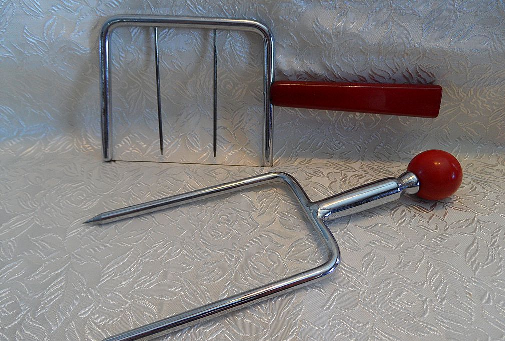 Red Bakelite Unique Meat Holder Carving Tool & Cheese Slicer Red Bakelite Unique Meat Holder Carving Tool & Cheese Slicer