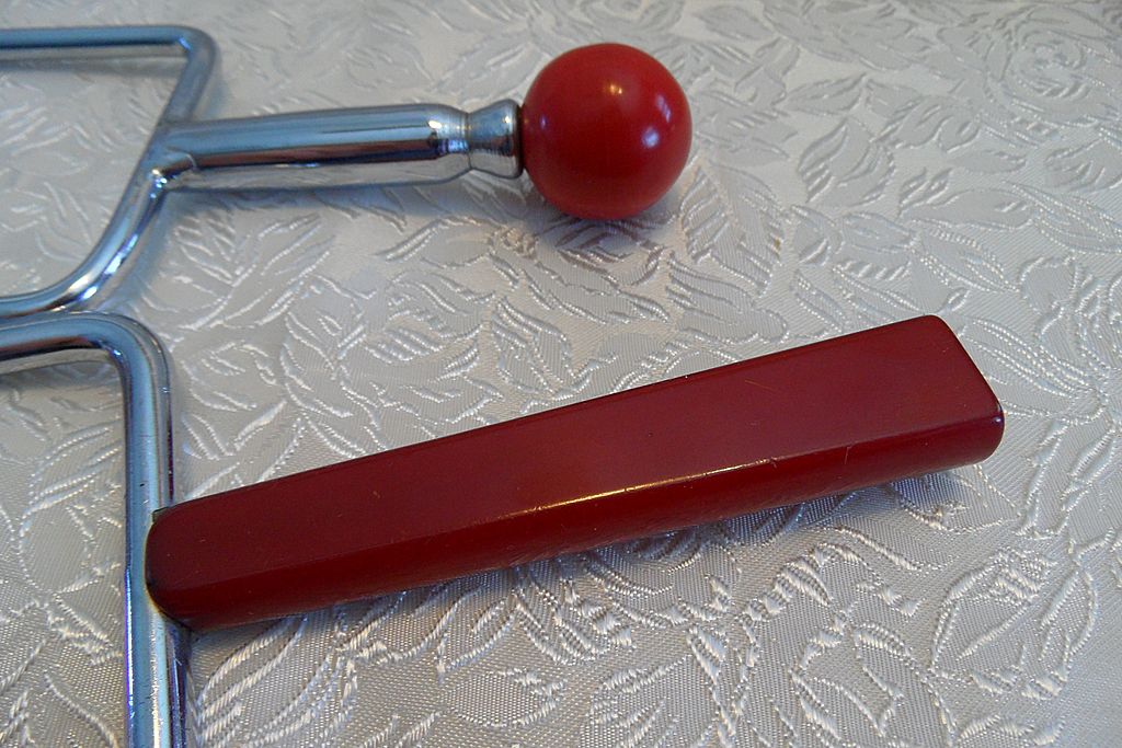 Red Bakelite Unique Meat Holder Carving Tool & Cheese Slicer Red Bakelite Unique Meat Holder Carving Tool & Cheese Slicer
