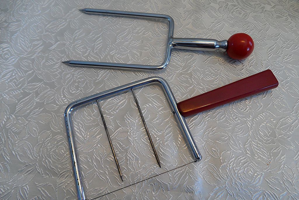 Red Bakelite Unique Meat Holder Carving Tool & Cheese Slicer Red Bakelite Unique Meat Holder Carving Tool & Cheese Slicer