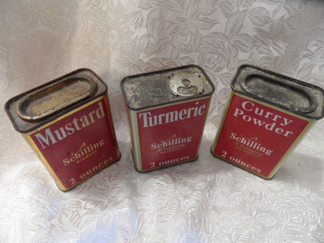 3 Vintage 1933 Schilling Spice Tins~Turmeric, Mustard, Curry Powder 3 Vintage 1933 Schilling Spice Tins~Turmeric, Mustard, Curry Powder