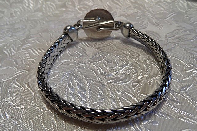 TABRA Sterling Silver Round Over Braided Chain Bracelet with Signed Charm TABRA Sterling Silver Round Over Braided Chain Bracelet with Signed Charm