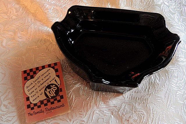 Black Milk Glass Ashtray with Kip's Big Boy Matchbook Black Milk Glass Ashtray with Kip's Big Boy Matchbook