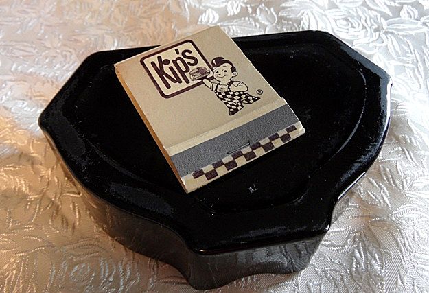 Black Milk Glass Ashtray with Kip's Big Boy Matchbook Black Milk Glass Ashtray with Kip's Big Boy Matchbook