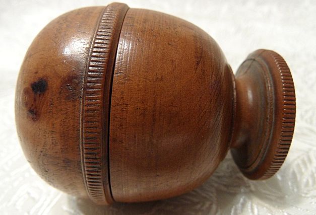 Early Treen Wooden Turned Pedestal Snuff Box/Trinket Box with Carved Bone Handle Early Treen Wooden Turned Pedestal Snuff Box/Trinket Box with Carved Bone Handle