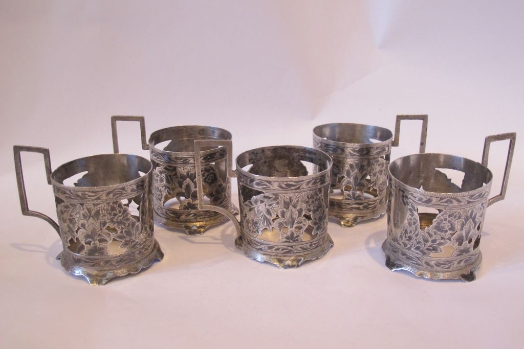 19th Century glass holders, set of five, decorated with niello flowers. 19th Century glass holders, set of five, decorated with niello flowers.