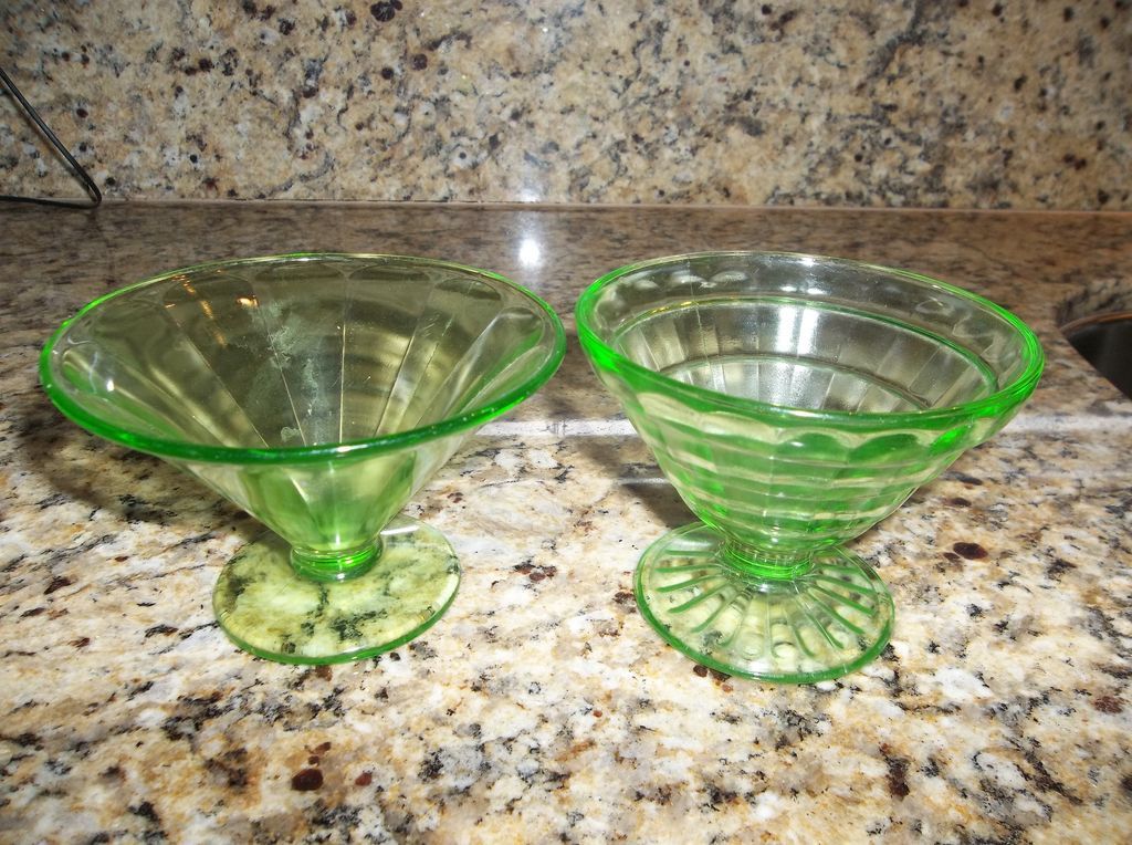 Pair of 1930's Federal green glass sherbert dishes. Pair of 1930's Federal green glass sherbert dishes.
