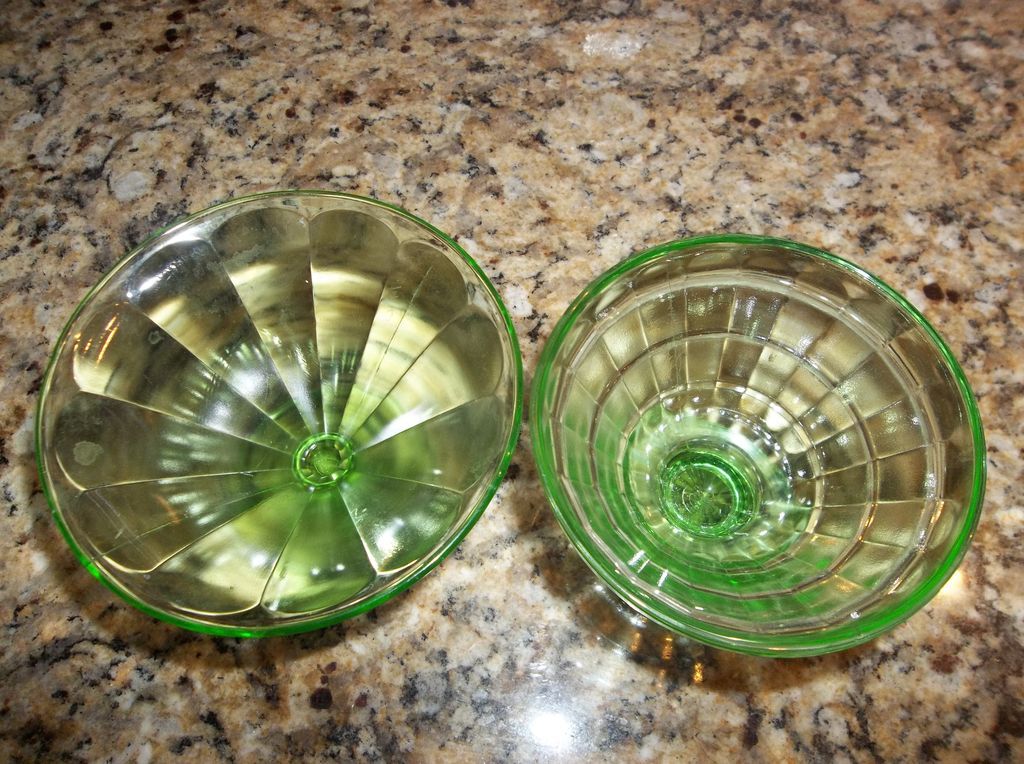 Pair of 1930's Federal green glass sherbert dishes. Pair of 1930's Federal green glass sherbert dishes.