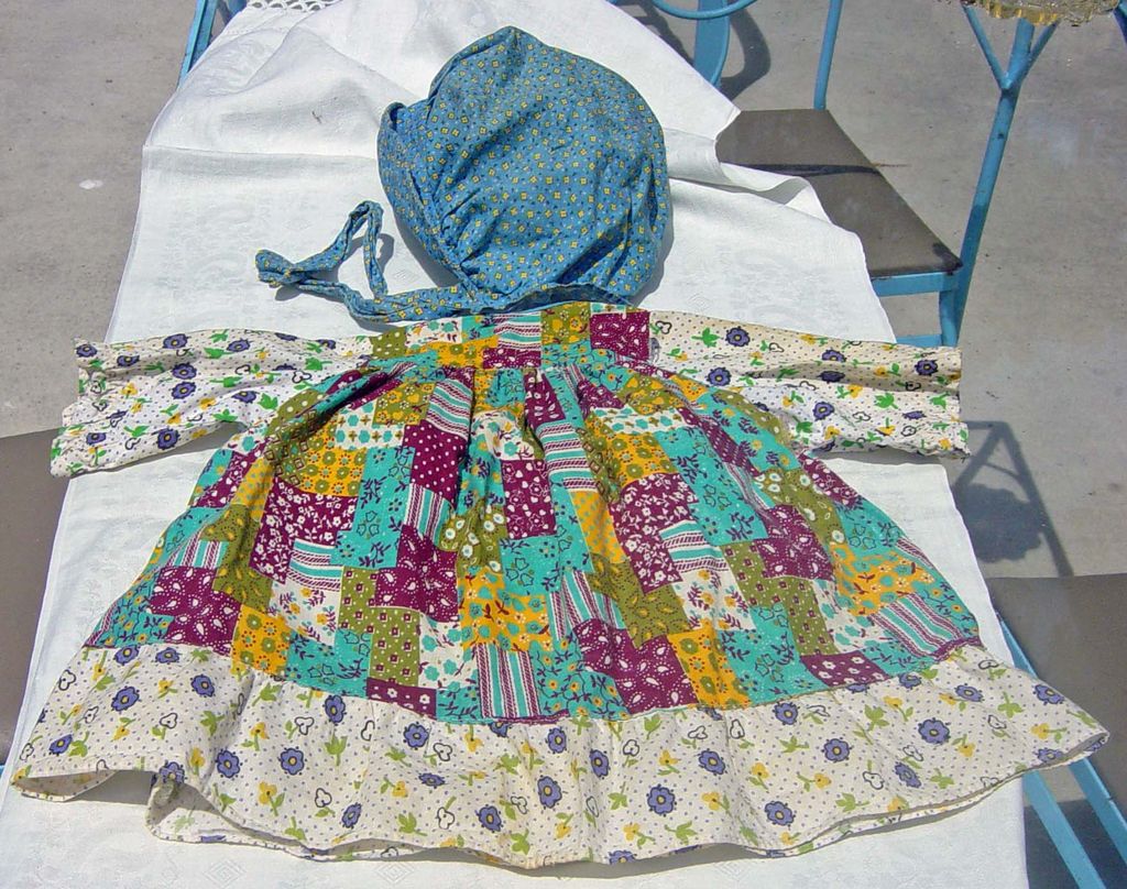 Vintage Knickerbocker Holly Hobby Patchwork Dress & Bonnet Vintage Knickerbocker Holly Hobby Patchwork Dress & Bonnet