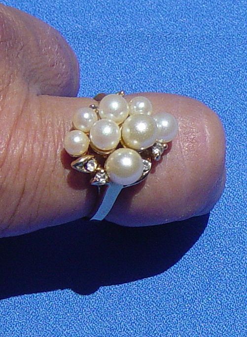 Vintage Roman Signed Faux Pearl Rhinestone Cocktail Ring Vintage Roman Signed Faux Pearl Rhinestone Cocktail Ring