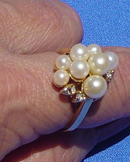 Vintage Roman Signed Faux Pearl Rhinestone Cocktail Ring Vintage Roman Signed Faux Pearl Rhinestone Cocktail Ring