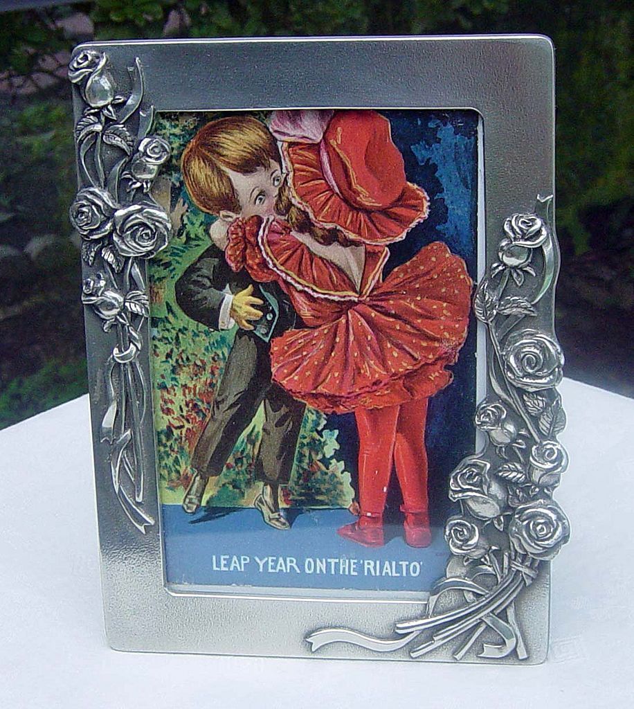 Royal Selangor Pewter Climbing Roses Picture Frame With Vintage Leap Year Postcard Royal Selangor Pewter Climbing Roses Picture Frame With Vintage Leap Year Postcard