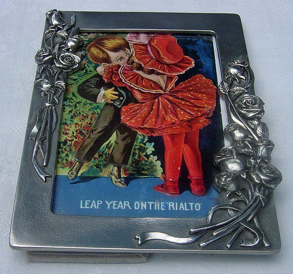 Royal Selangor Pewter Climbing Roses Picture Frame With Vintage Leap Year Postcard Royal Selangor Pewter Climbing Roses Picture Frame With Vintage Leap Year Postcard