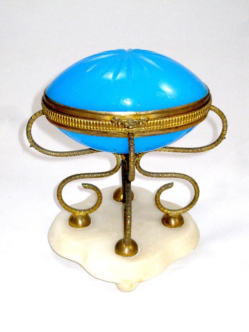 Large Palais Royal Blue Opaline Egg on Marble Base Large Palais Royal Blue Opaline Egg on Marble Base