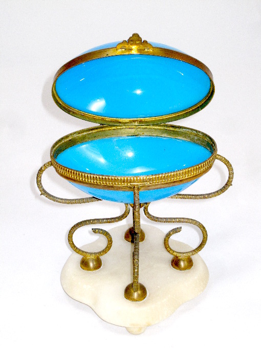 Large Palais Royal Blue Opaline Egg on Marble Base Large Palais Royal Blue Opaline Egg on Marble Base