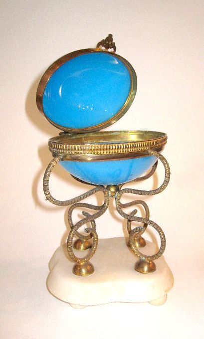 Large Palais Royal Blue Opaline Egg on Marble Base Large Palais Royal Blue Opaline Egg on Marble Base