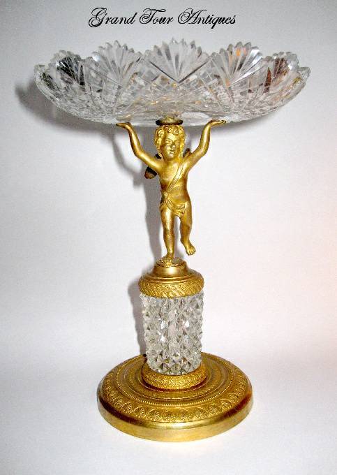 French Empire Crystal and Dore Bronze Cherub Centerpiece. French Empire Crystal and Dore Bronze Cherub Centerpiece.
