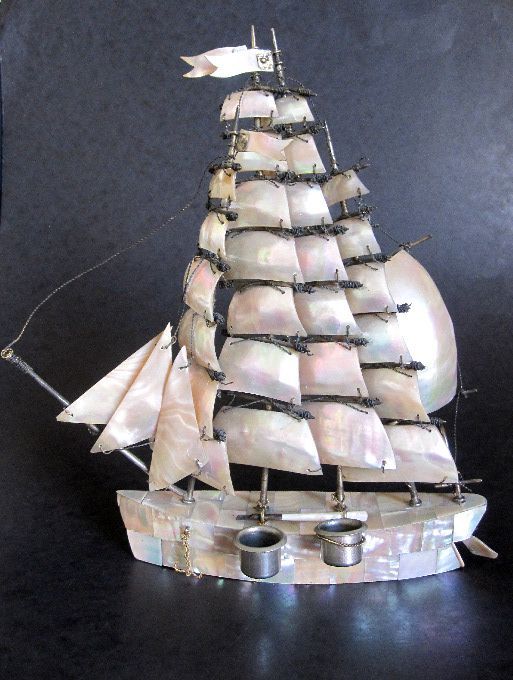 Huge Antique Mother of Pearl Boat Inkwell Huge Antique Mother of Pearl Boat Inkwell