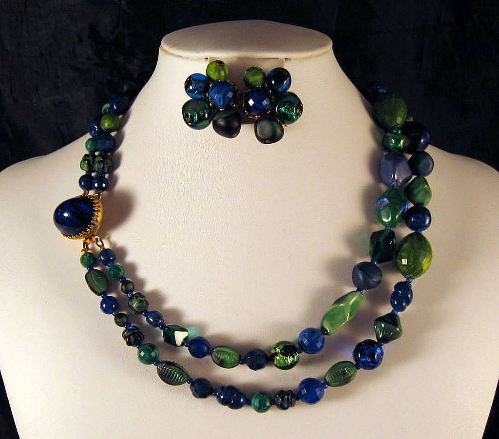 Carnegie Blue Green Multi Art Glass Beads 2 Strand Necklace Earrings Carnegie Blue Green Multi Art Glass Beads 2 Strand Necklace Earrings