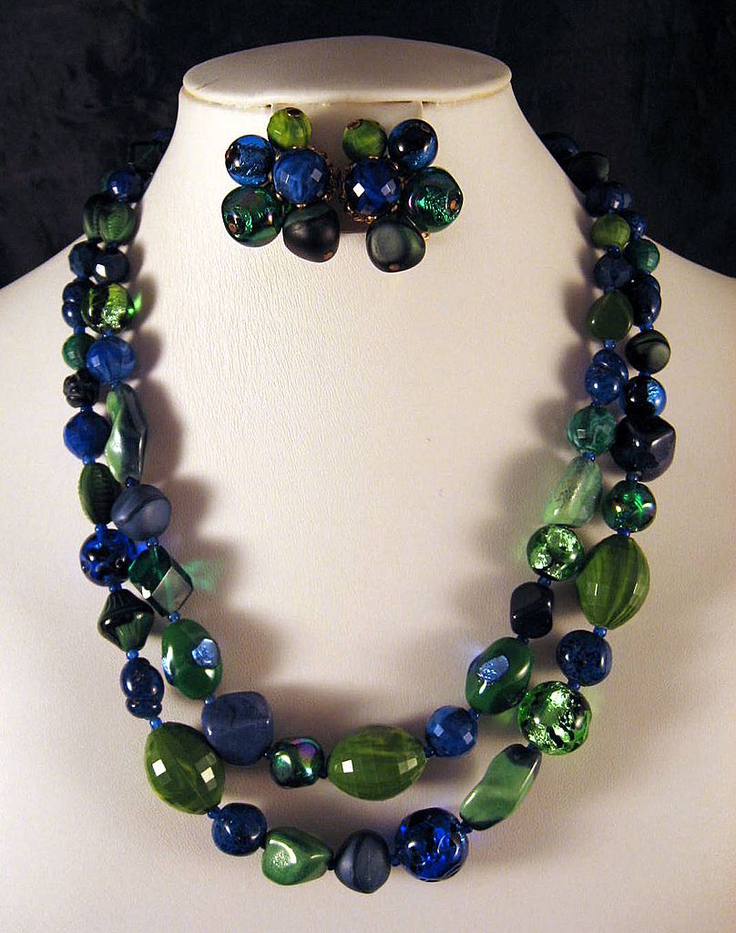 Carnegie Blue Green Multi Art Glass Beads 2 Strand Necklace Earrings Carnegie Blue Green Multi Art Glass Beads 2 Strand Necklace Earrings