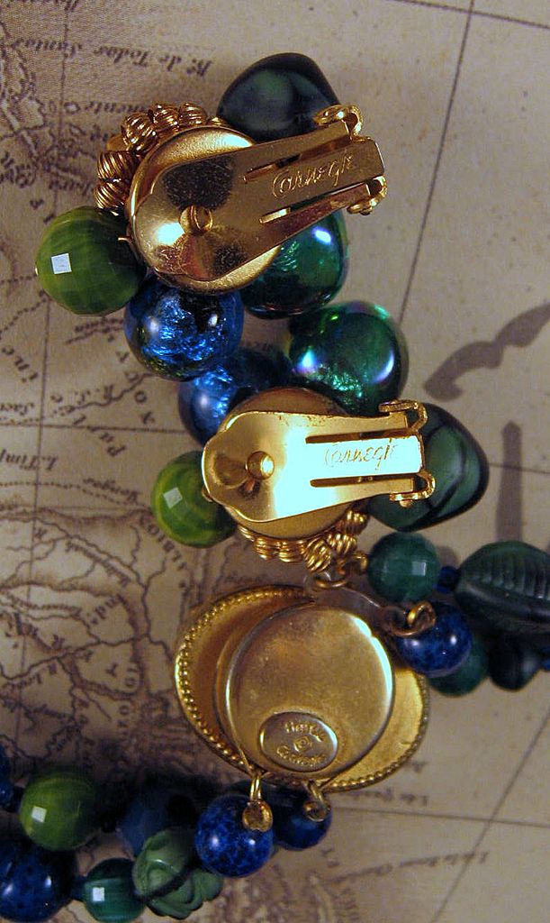 Carnegie Blue Green Multi Art Glass Beads 2 Strand Necklace Earrings Carnegie Blue Green Multi Art Glass Beads 2 Strand Necklace Earrings