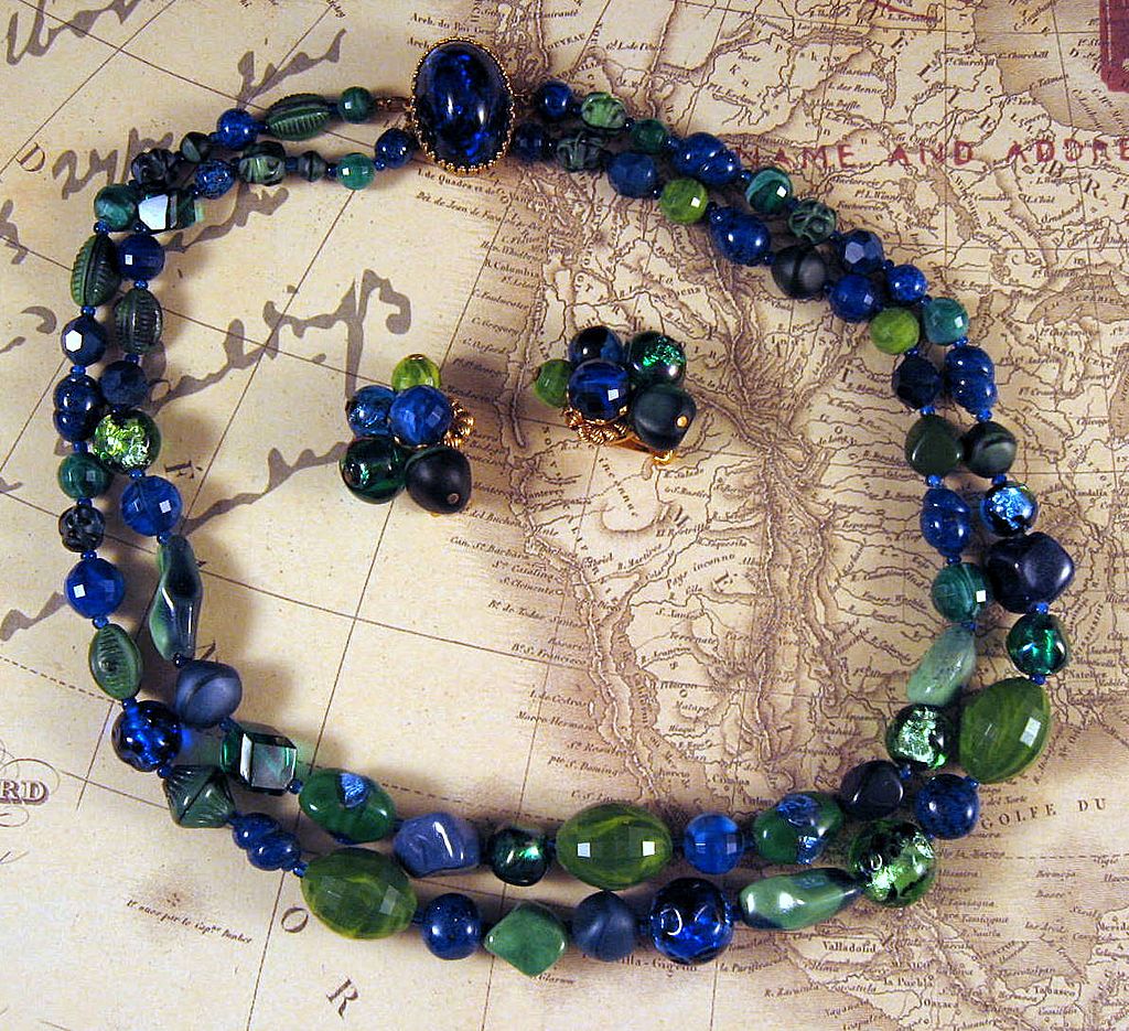 Carnegie Blue Green Multi Art Glass Beads 2 Strand Necklace Earrings Carnegie Blue Green Multi Art Glass Beads 2 Strand Necklace Earrings