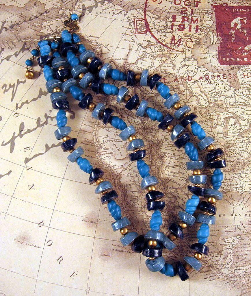 Carnegie Blue Green Multi Art Glass Beads 2 Strand Necklace Earrings Carnegie Blue Green Multi Art Glass Beads 2 Strand Necklace Earrings