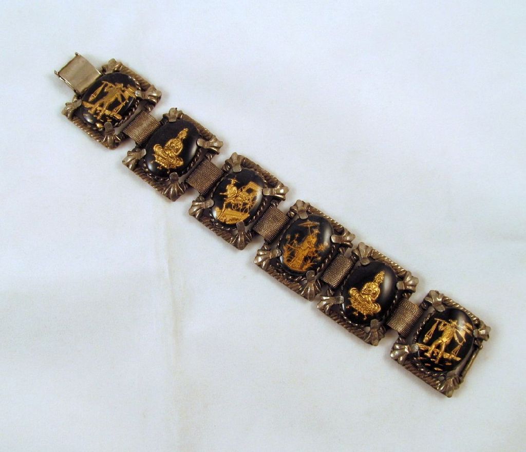 Asian Reverse Intaglio Black Glass Cabochons Bracelet Asian Reverse Intaglio Black Glass Cabochons Bracelet