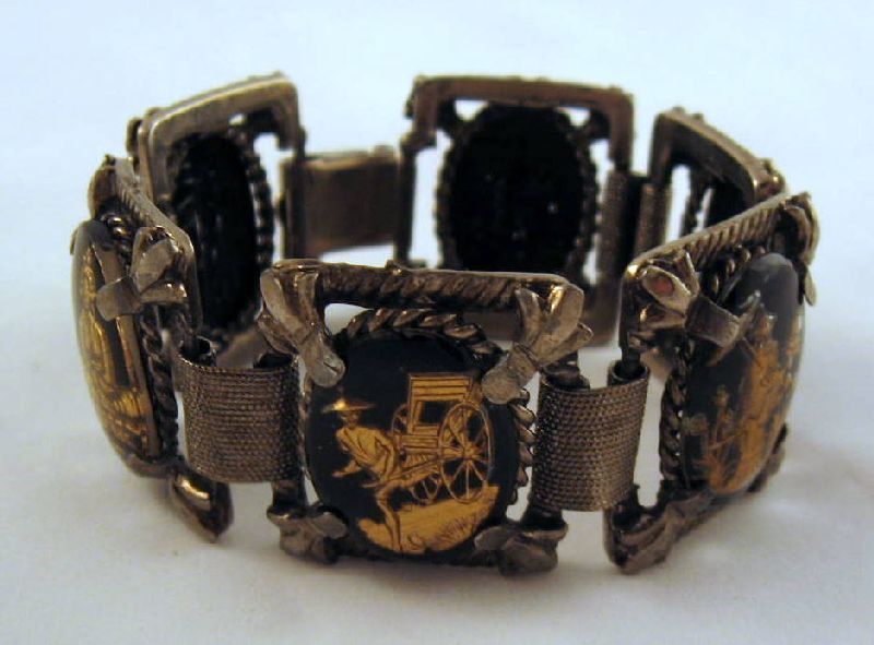 Asian Reverse Intaglio Black Glass Cabochons Bracelet Asian Reverse Intaglio Black Glass Cabochons Bracelet