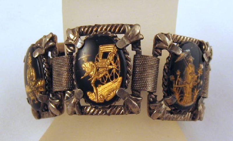 Asian Reverse Intaglio Black Glass Cabochons Bracelet Asian Reverse Intaglio Black Glass Cabochons Bracelet
