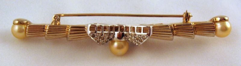 Outstanding Jomaz Gold/Silver-tone Faux Pearl Rhinestone Bar Pin 3 3/4" Outstanding Jomaz Gold/Silver-tone Faux Pearl Rhinestone Bar Pin 3 3/4"