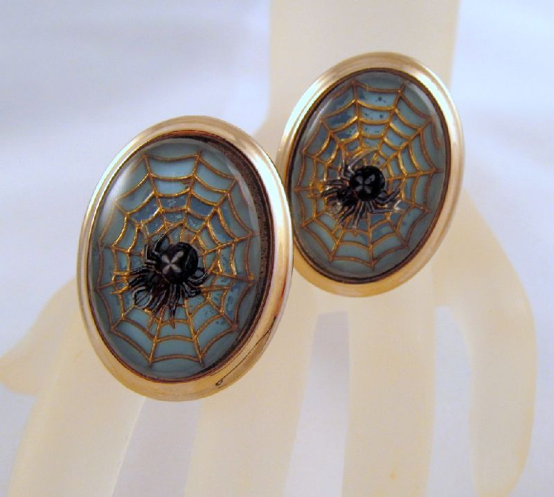 Reverse Carved Spider Painted Glass Cuff Links Goth Blue Black Cross Reverse Carved Spider Painted Glass Cuff Links Goth Blue Black Cross