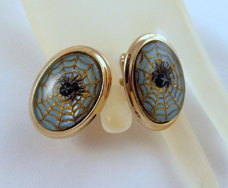 Reverse Carved Spider Painted Glass Cuff Links Goth Blue Black Cross Reverse Carved Spider Painted Glass Cuff Links Goth Blue Black Cross