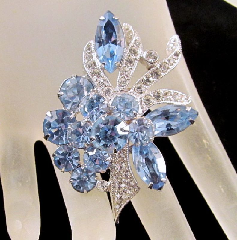 Eisenberg Ice Light Blue Clear Rhinestone Brooch Silver-tone Eisenberg Ice Light Blue Clear Rhinestone Brooch Silver-tone