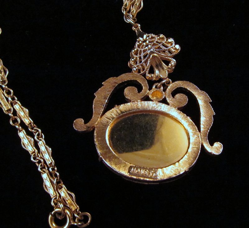 Monet Gold-tone Filigree Lavaliere Locket Necklace Victorian Revival Style Monet Gold-tone Filigree Lavaliere Locket Necklace Victorian Revival Style