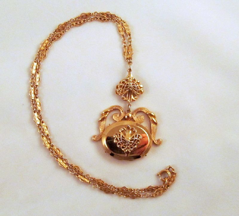 Monet Gold-tone Filigree Lavaliere Locket Necklace Victorian Revival Style Monet Gold-tone Filigree Lavaliere Locket Necklace Victorian Revival Style