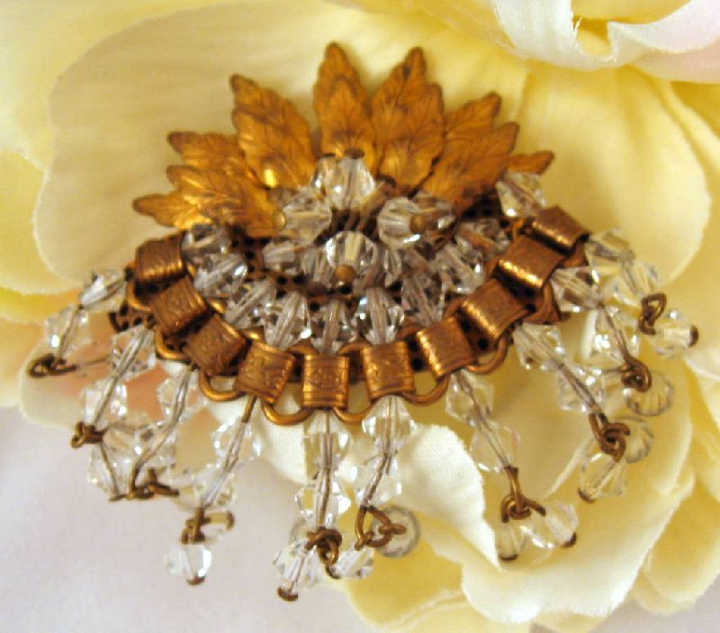 Vintage U/S Gold Leaves Wired Crystals Bookchain Brooch Vintage U/S Gold Leaves Wired Crystals Bookchain Brooch