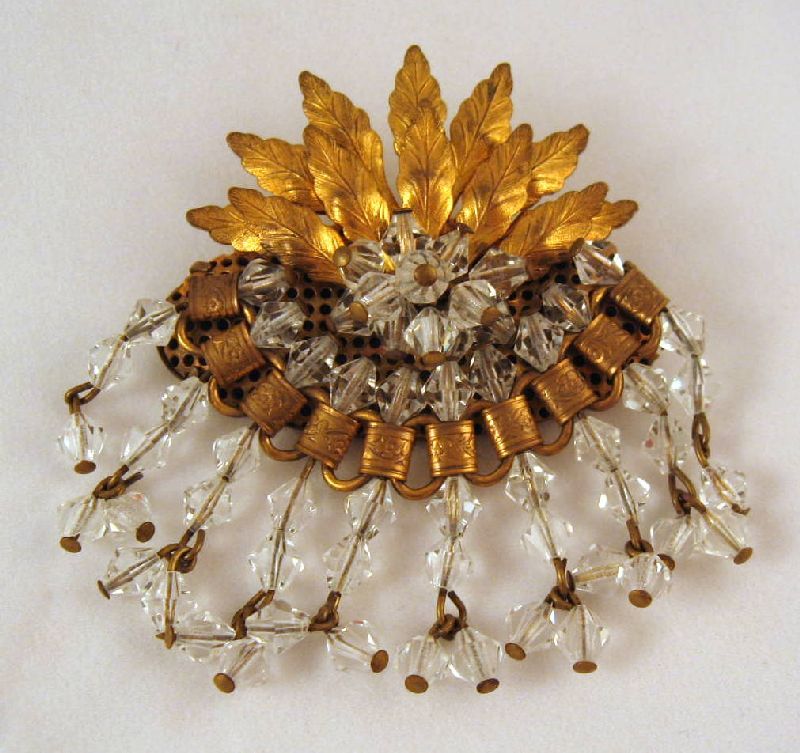 Vintage U/S Gold Leaves Wired Crystals Bookchain Brooch Vintage U/S Gold Leaves Wired Crystals Bookchain Brooch