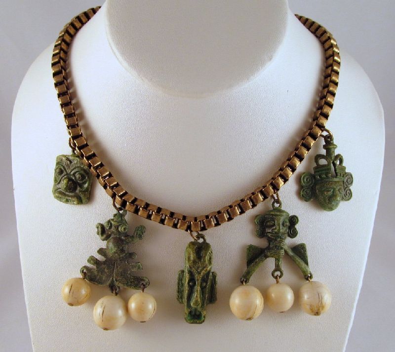 Tribal Masks Frog Brass Box Link Necklace Beads Tribal Masks Frog Brass Box Link Necklace Beads