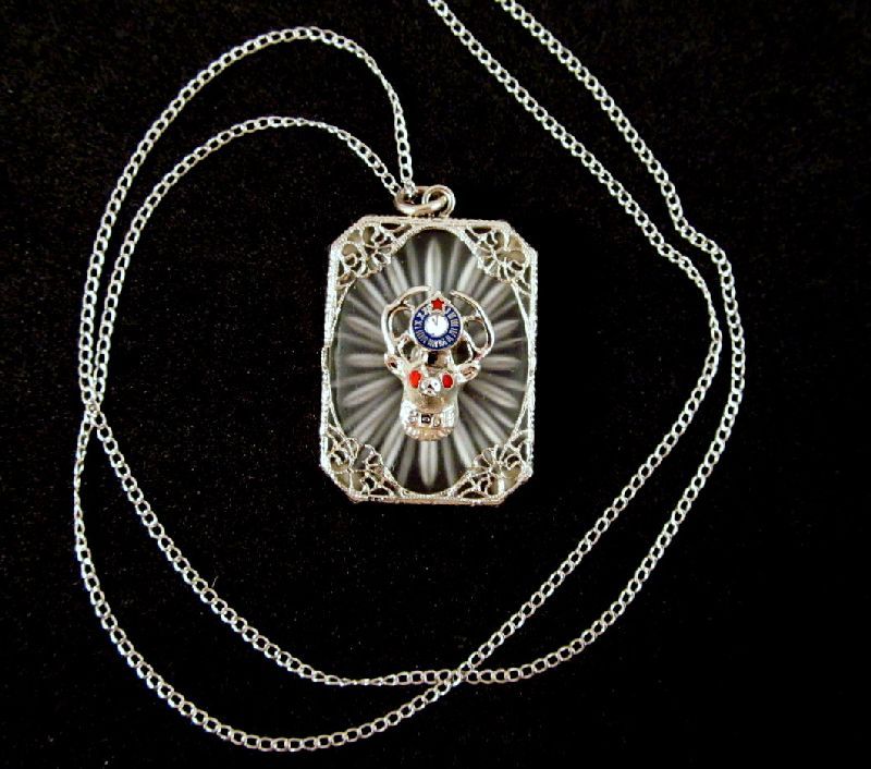 Camphor Glass Pendant B.P.O.E. Elk's 11th Hour Emblem Sterling Chain Camphor Glass Pendant B.P.O.E. Elk's 11th Hour Emblem Sterling Chain