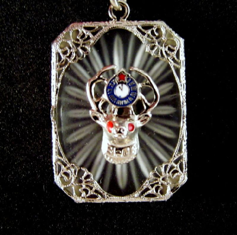 Camphor Glass Pendant B.P.O.E. Elk's 11th Hour Emblem Sterling Chain Camphor Glass Pendant B.P.O.E. Elk's 11th Hour Emblem Sterling Chain