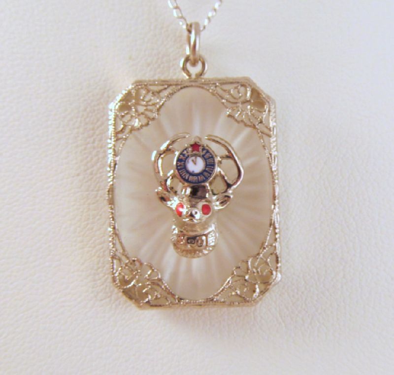 Camphor Glass Pendant B.P.O.E. Elk's 11th Hour Emblem Sterling Chain Camphor Glass Pendant B.P.O.E. Elk's 11th Hour Emblem Sterling Chain